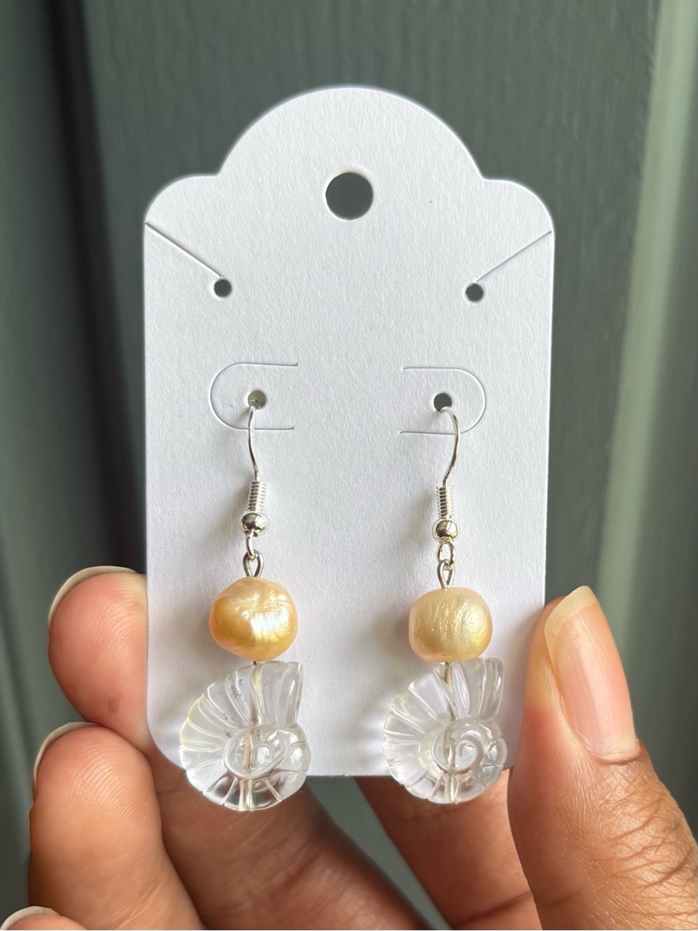 Golden Baroque Pearl & Clear Quartz Shell Crystal Earrings S925 Silver Posts